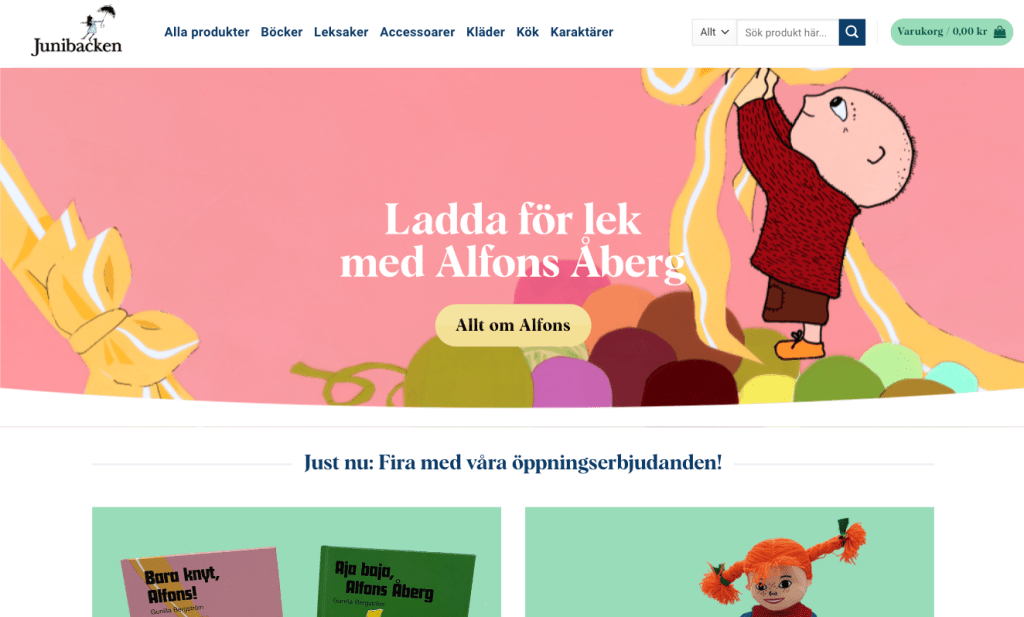 skärmbild för junibackens nya digitala barnbokhandel